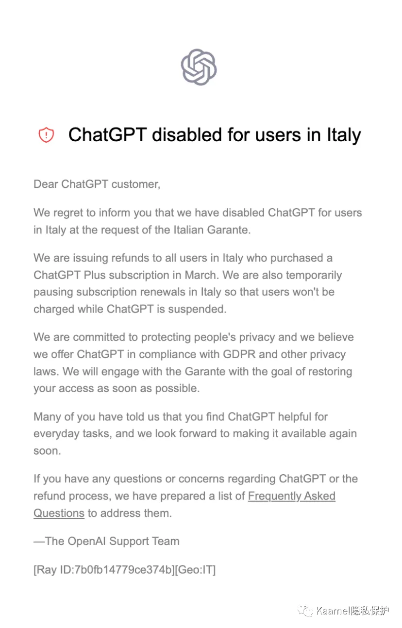 OpenAI 就意大利封禁向用户发布的 ChatGPT 停用通知