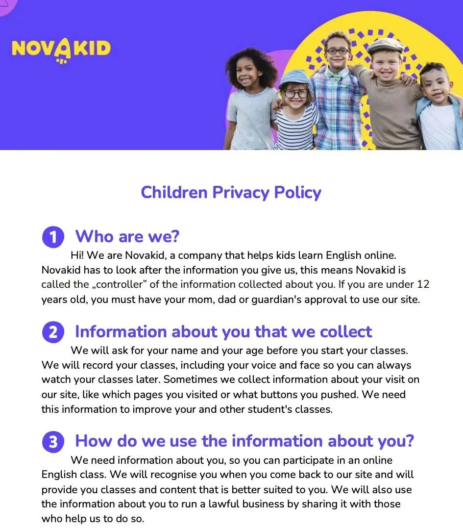 Novakid 面向儿童的独立版儿童隐私政策示例,用简单语言解释“我们是谁”“收集哪些信息”