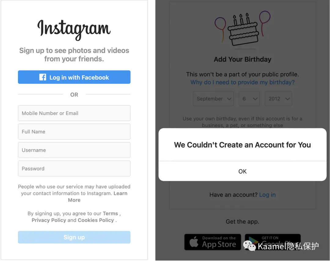 以13岁以下身份注册 Instagram 时被系统拦截、无法创建账户