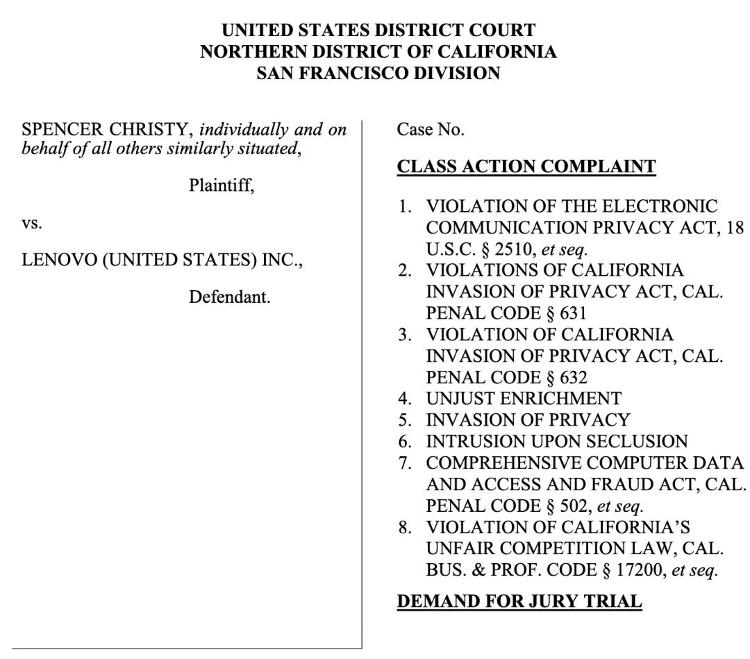 Spencer Christy v. Lenovo (United States) Inc. 集体诉讼起诉状