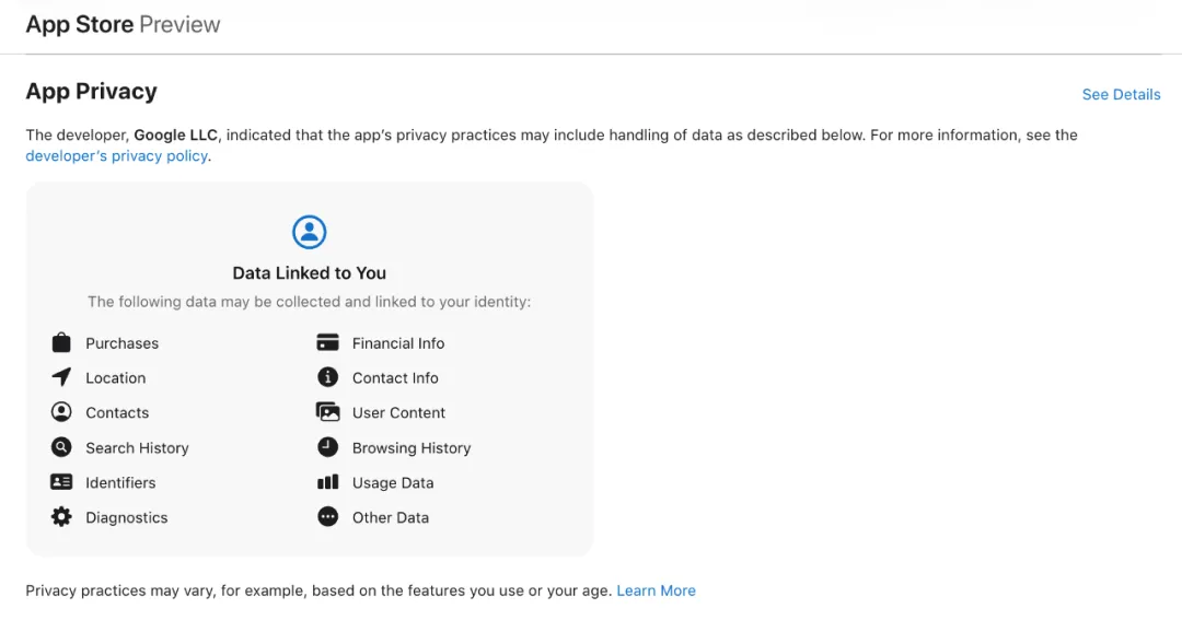 Apple App Store 的 App Privacy 标签,列出与用户身份关联的数据类型