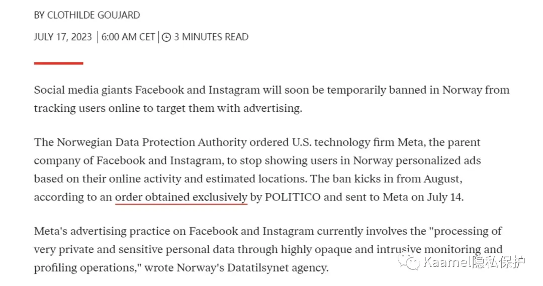 POLITICO 报道:挪威将暂时禁止 Facebook 和 Instagram 基于线上追踪投放广告