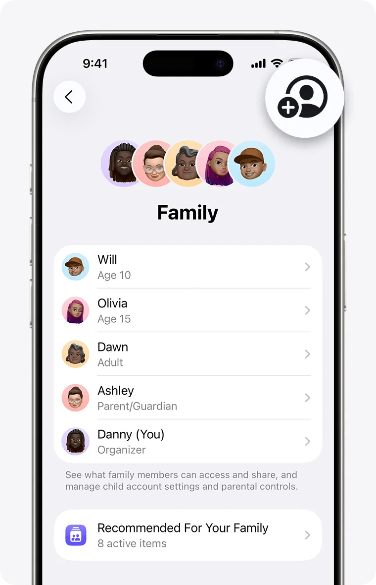 Apple 家人共享界面显示不同年龄的家庭成员,用于德州 App Store 责任法下的家长同意与年龄分级