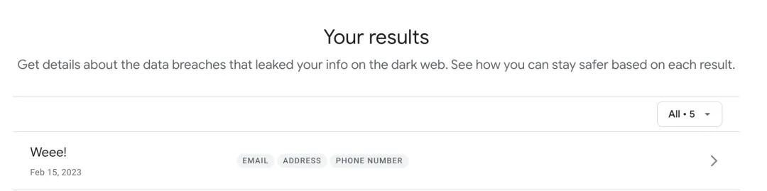 Google 暗网监测结果中显示的 Weee! 泄露条目,字段含邮箱、地址、电话